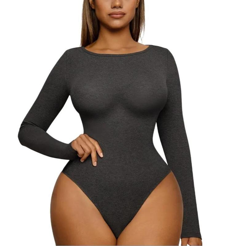 FeelinGirl Women's Scoop Neck Long Sleeve Thong Body Suit Soft Body-Hugging Going Out Tops Basic  Comfortable Womenswear Fashion Spandex Bodysuits Button Bodysuits Button Lady